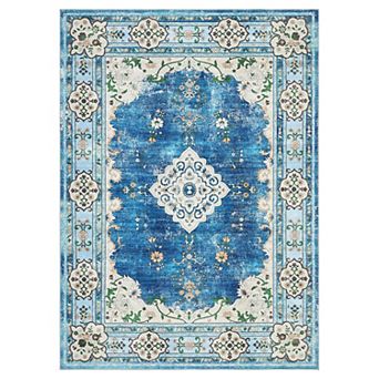 Floral Vintage Design Low Pile Machine Washable Non Slip Area Rug
