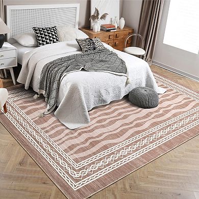 Modern Bordered Print Area Rugs for Living Room Bedroom Contemporary Machine Washable
