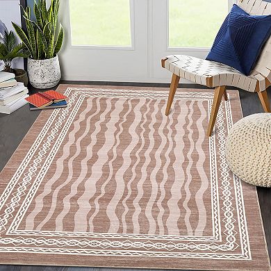 Modern Bordered Print Area Rugs for Living Room Bedroom Contemporary Machine Washable