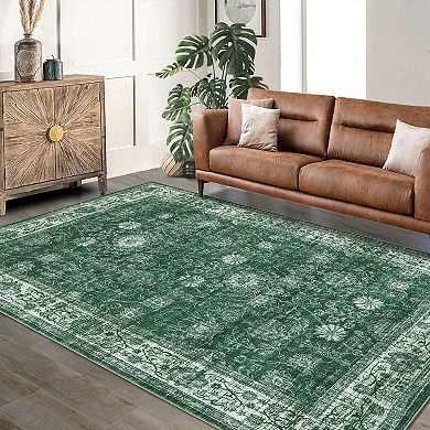 Floral Vintage Machine Washable Non Slip Low Pile Rug