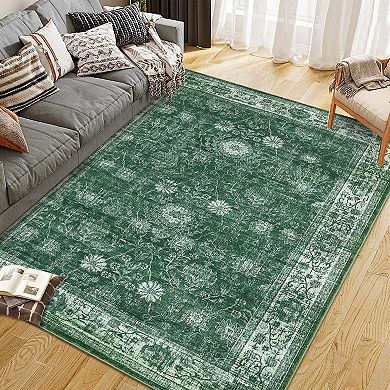 Floral Vintage Machine Washable Non Slip Low Pile Rug