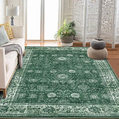Floral Vintage Machine Washable Non Slip Low Pile Rug