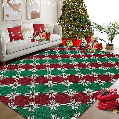 Christmas Floral Plaid Pattern Low Pile Machine Washable Non Slip Rug
