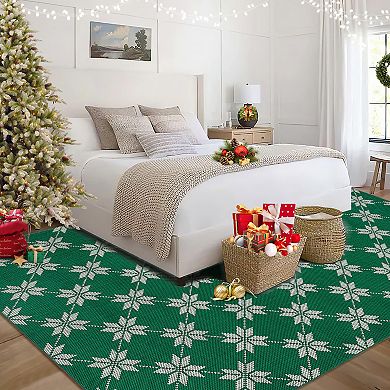 Christmas Floral Plaid Pattern Low Pile Machine Washable Non Slip Rug