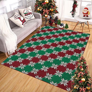 Christmas Floral Plaid Pattern Low Pile Machine Washable Non Slip Rug