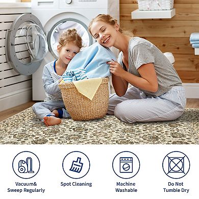 Vintage Boho Floral Machine Washable Low Pile Non Slip Stain Resistant Area Rug