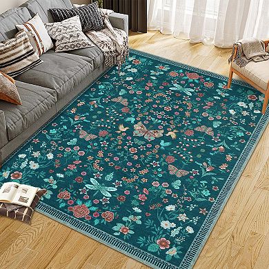 Butterfly Floral Pattern Low Pile Machine Washable Non Slip Stain Resistant Rug