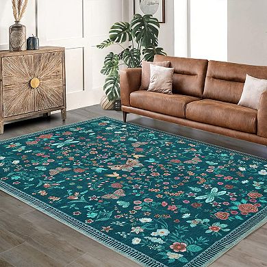 Butterfly Floral Pattern Low Pile Machine Washable Non Slip Stain Resistant Rug