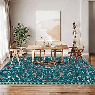 Butterfly Floral Pattern Low Pile Machine Washable Non Slip Stain Resistant Rug