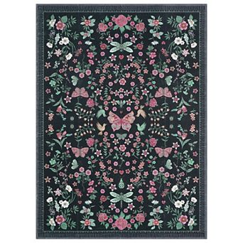 Butterfly Floral Pattern Low Pile Machine Washable Non Slip Stain Resistant Rug