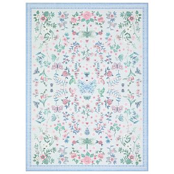 Butterfly Floral Pattern Low Pile Machine Washable Non Slip Stain Resistant Rug