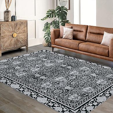 Machine Washable Non Slip Vintage Floral Low Pile Rug Stain Resistant
