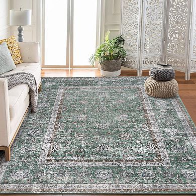 Area Rug Low Pile Lightweight Thin Floral Boho Vintage Distress Print Pattern