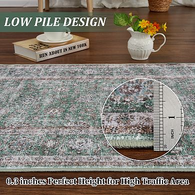 Area Rug Low Pile Lightweight Thin Floral Boho Vintage Distress Print Pattern