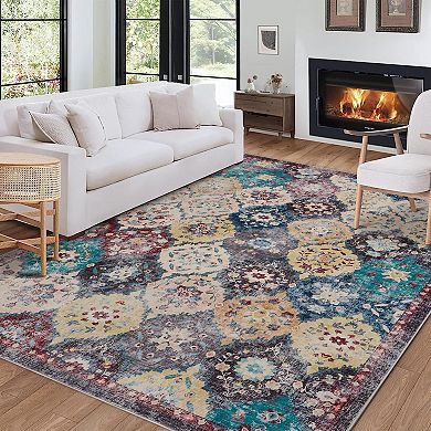 Boho Modern Washable Rug Non-Skid Backing Perfect for High Traffic