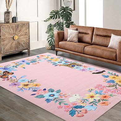 Botanical Fauna Print Non-Slip Low Pile Area Rug