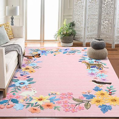 Botanical Fauna Print Non-Slip Low Pile Area Rug