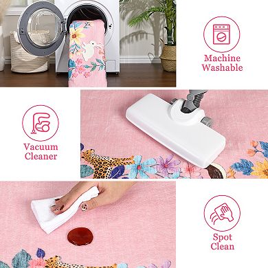 Botanical Fauna Print Non-Slip Low Pile Area Rug