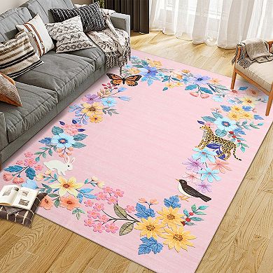 Botanical Fauna Print Non-Slip Low Pile Area Rug