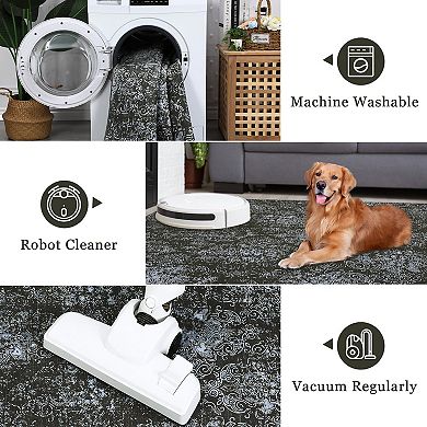 Area Rugs Non Slip Low Pile Boho Floral Small Carpet