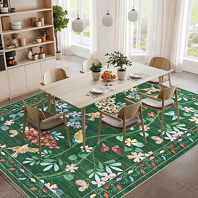Floral Area Rugs Non-Slip Low Pile Flower Birds Print Rug