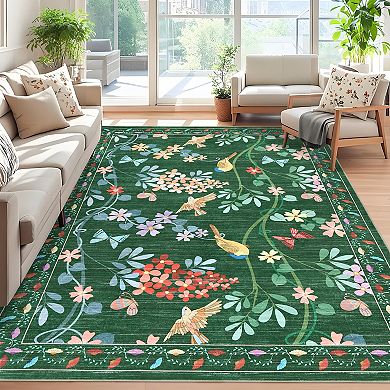 Floral Area Rugs Non-Slip Low Pile Flower Birds Print Rug