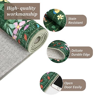 Floral Area Rugs Non-Slip Low Pile Flower Birds Print Rug