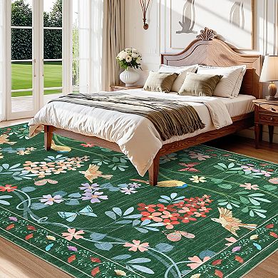 Floral Area Rugs Non-Slip Low Pile Flower Birds Print Rug