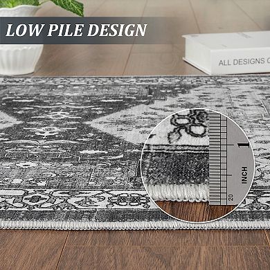 Vintage Floral Boho Area Rug Low Pile Machine Washable and Non Slip