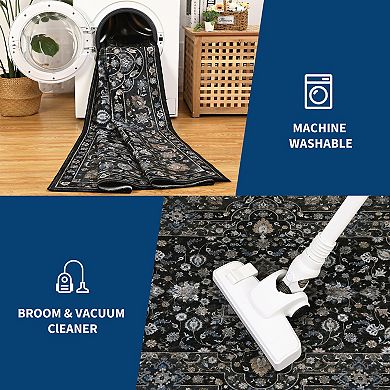 Vintage Boho Floral Washable Non Slip Low Pile Area Rug