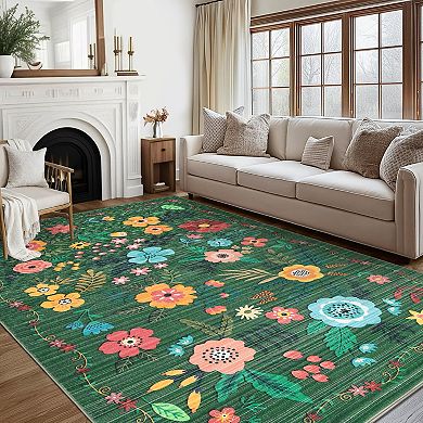 Floral Area Rugs Soft Print Boho Carpet Non Slip Low Pile Indoor Rugs