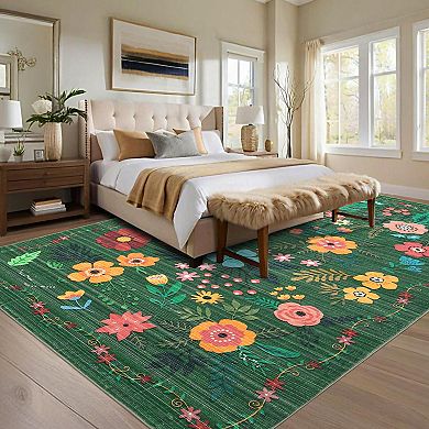 Floral Area Rugs Soft Print Boho Carpet Non Slip Low Pile Indoor Rugs