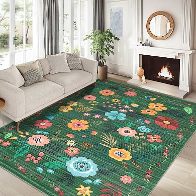 Floral Area Rugs Soft Print Boho Carpet Non Slip Low Pile Indoor Rugs