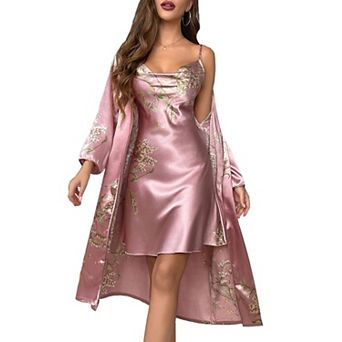 Women Pajama Sets 2 pc Sleepwear Nightgown with Waist Belt and Robe Set