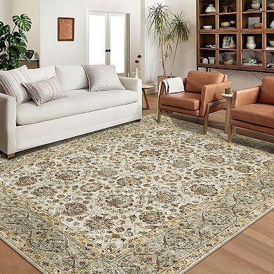 Vintage Boho Floral Machine Washable Low Pile Non Slip Stain Resistant Area Rug