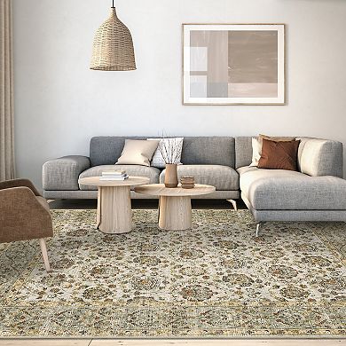 Vintage Boho Floral Machine Washable Low Pile Non Slip Stain Resistant Area Rug