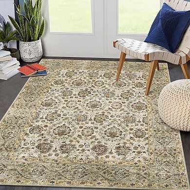 Vintage Boho Floral Machine Washable Low Pile Non Slip Stain Resistant Area Rug