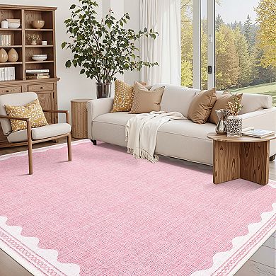 Modern Scalloped Edge Area Rug Machine Washable Vacuum Clean Ultra Thin Mat for Dining Room