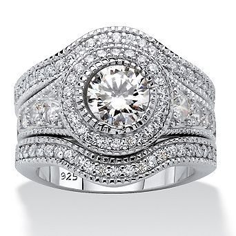 PalmBeach Jewelry 2.73 TCW Round CZ Platinum-plated Silver 3 pc Vintage-Inspired Bridal Set