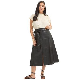 June + Vie Women's Plus Size Paneled Faux Leather Midi Skirt
