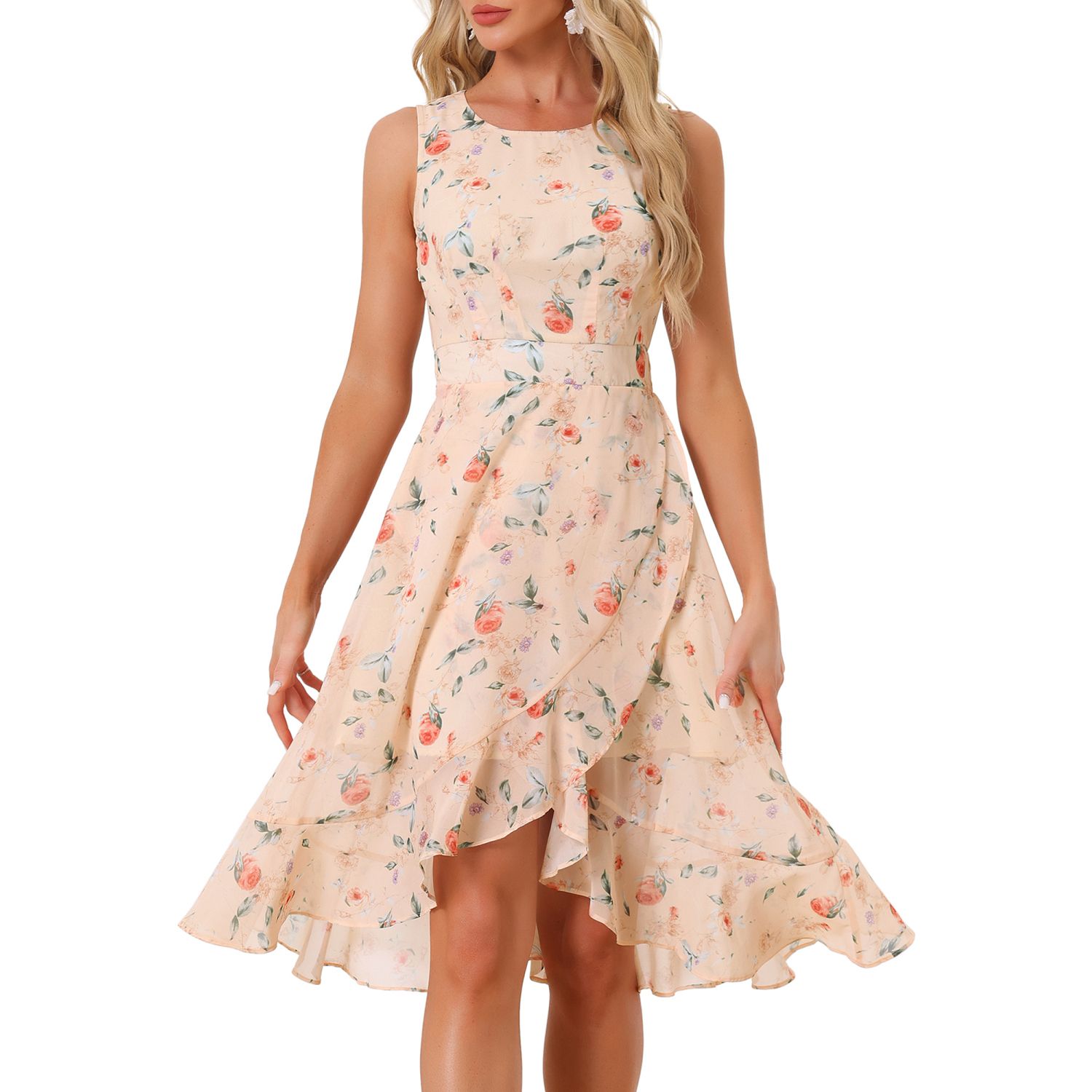 Женские платья Summer Dresses Wrap Ruffle High Low Hem Round Neck Keyhole Back Sleeveless Floral Dress