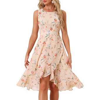 Women's Summer Dresses Wrap Ruffle High Low Hem Round Neck Keyhole Back Sleeveless Floral Dress