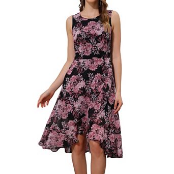 Women's Summer Dresses Wrap Ruffle High Low Hem Round Neck Keyhole Back Sleeveless Floral Dress