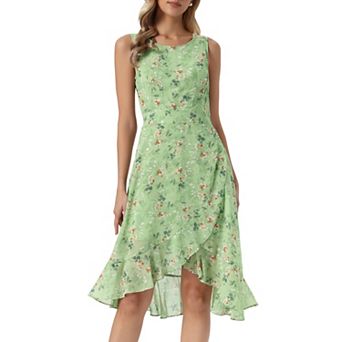 Women's Summer Dresses Wrap Ruffle High Low Hem Round Neck Keyhole Back Sleeveless Floral Dress