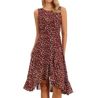 Women's Summer Dresses Wrap Ruffle High Low Hem Round Neck Keyhole Back Sleeveless Floral Dress