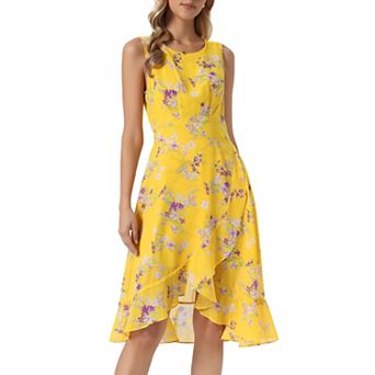 Women's Summer Dresses Wrap Ruffle High Low Hem Round Neck Keyhole Back Sleeveless Floral Dress