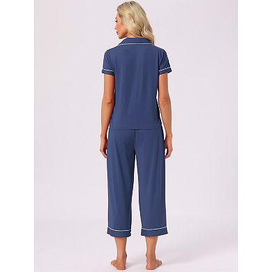 Women's Capri Pajama Short Sleeve Button Down Tops with Pants 2 Pc Sleepwear Lounge Set with Pockets