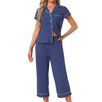 Women's Capri Pajama Short Sleeve Button Down Tops with Pants 2 pc Sleepwear Lounge Set with Pockets