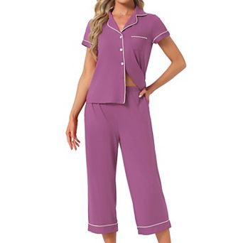 Women's Capri Pajama Short Sleeve Button Down Tops with Pants 2 pc Sleepwear Lounge Set with Pockets