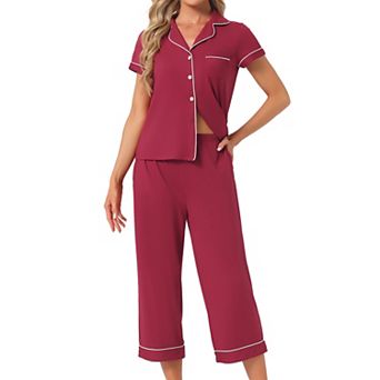 Women's Capri Pajama Short Sleeve Button Down Tops with Pants 2 pc Sleepwear Lounge Set with Pockets